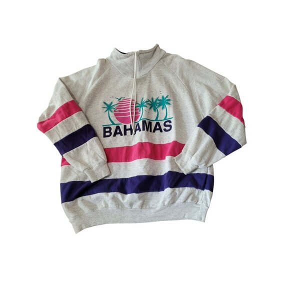 VTG 80s Sun Triangle Sweatshirt L Bahamas 1/4 Zip Drawstring USA Rainbow Unisex - Picture 2 of 9